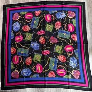Vintage Talbots pure silk scarf black & gem tones large square handbags motif